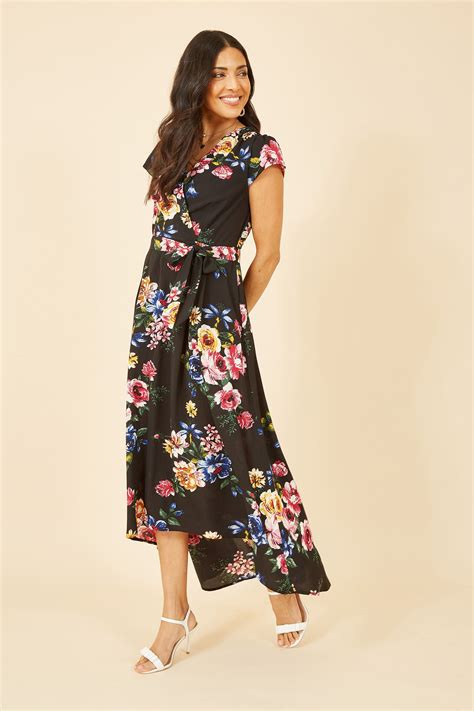 Buy Mela Black Multi Floral Wrap Over Dipped Hem Midi Dress From The