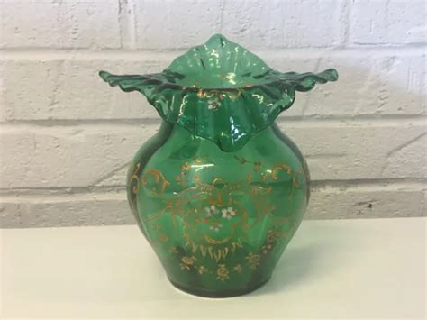 Antique Victorian Era Green Blown Glass Vase W Enamel Floral Decoration 99 00 Picclick