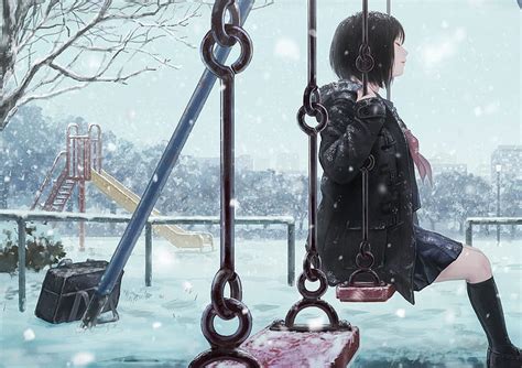 Anime Original Girl Snow Snowfall Swing Hd Wallpaper Peakpx