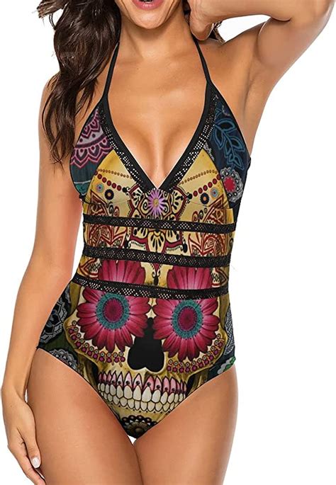 Yiaoflying Womens One Piece Swimwear Mexican Colored Skull Sexy
