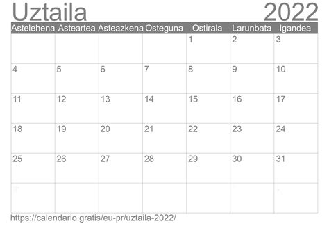 Egutegia Uztaila 2022 Euskara ☑️ Calendariogratis
