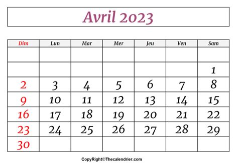Calendrier Avril 2023 à Imprimable The Calendrier