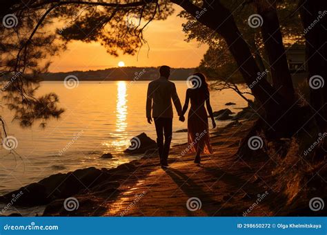 romantic sunset couples silhouettes embracing love in serene beach sunset view stock