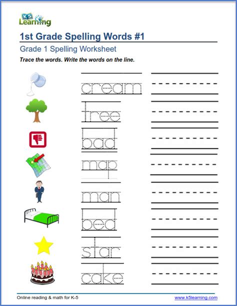 Grade 1 Spelling Worksheets Trace And Write Words K5 Learning With
