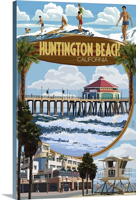 Huntington Beach California Montage Scenes Retro Travel Poster Wall