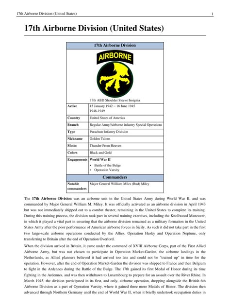 17th Airborne Division United States Airborne Forces Division