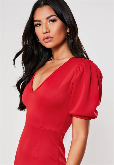 Red Puff Sleeve V Neck Bodycon Mini Dress Missguided