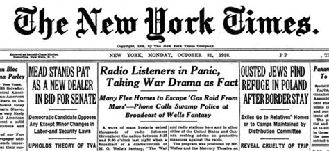 The New York Times Headline Following The Broadcast Of Orson Welless Radio Adaptation Of The