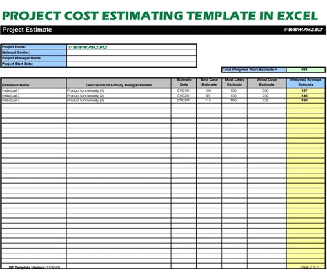 Project Cost Estimating Template In Excel