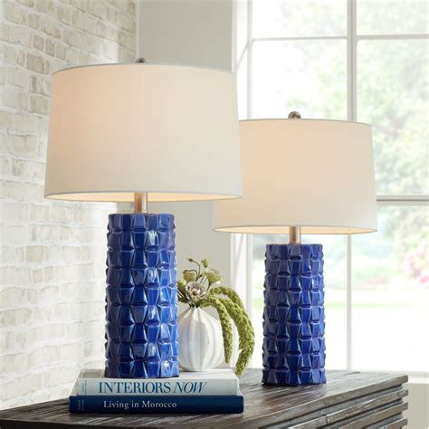 360 Lighting Modern Table Lamps Set Of 2 Textured Blue Ceramic Column White Drum Shade Living