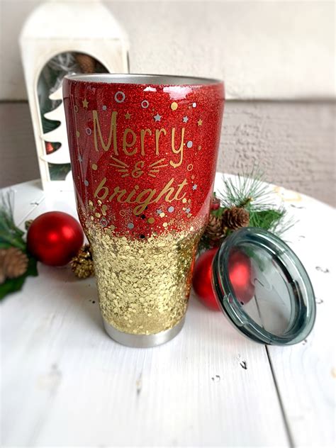 Merry And Bright Christmas T Glitter Tumbler Cup Festive Etsy