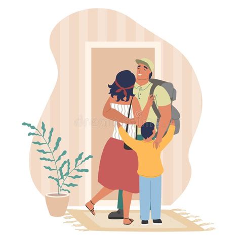 Happy Father Coming Back Home Hugging His Wife And Son Flat Vector