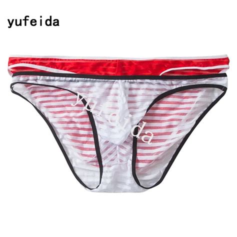 Yufeida 2pcs Lot Sexy Briefs Striped Mens Bikini See Through Pouch