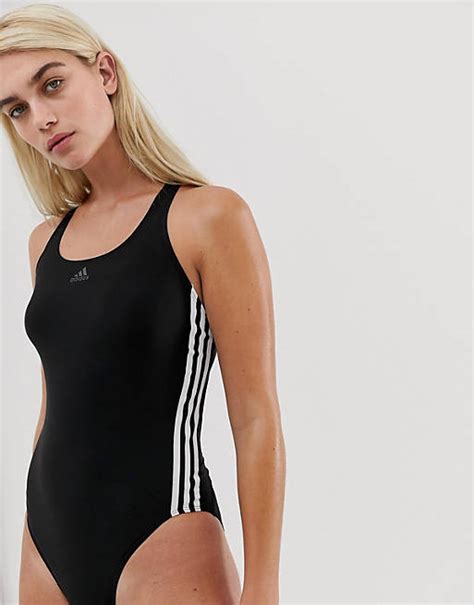 Adidas Training Three Stripe Swimsuit In Black Asos