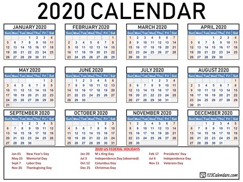2020 Year Calendar Printable