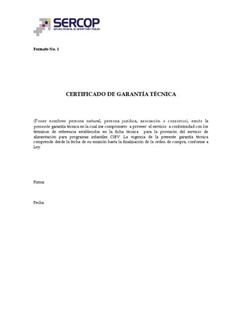 Formato 1 Certificado De Garantía Técnica Cibv