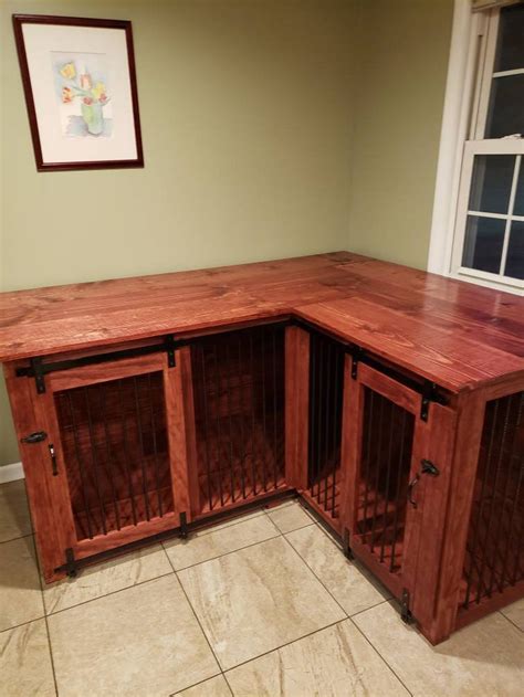 Custom Corner L Shaped Kennel With Barn Doors Etsy Dog Crate