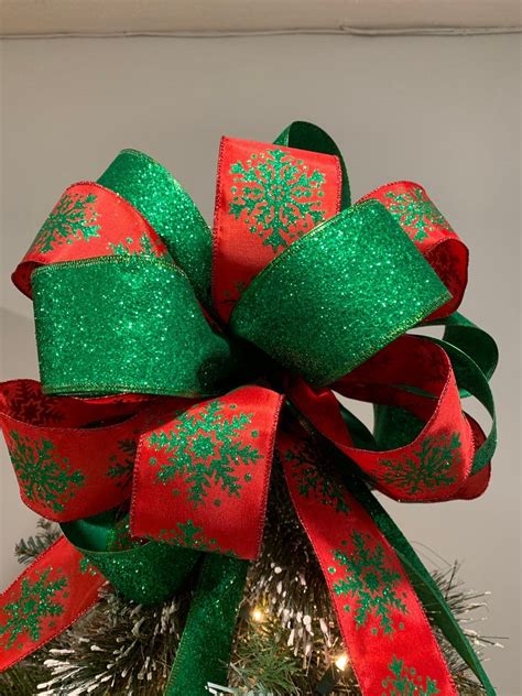 Large Christmas Tree Topper Bow Red Ribbon With Green Glitter Etsy