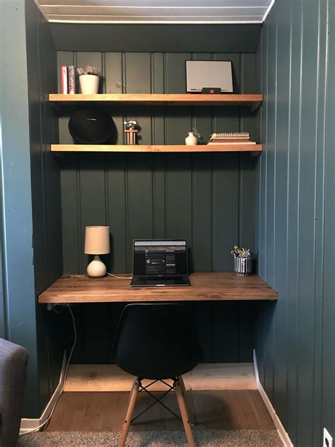 Built a desk and shelves to fit in this little alcove for my work from ...