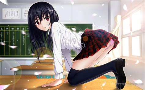 Dark Hair Red Eyes Schoolgirl Bent Over Looking At Viewer Women Indoors Long Hair Anime