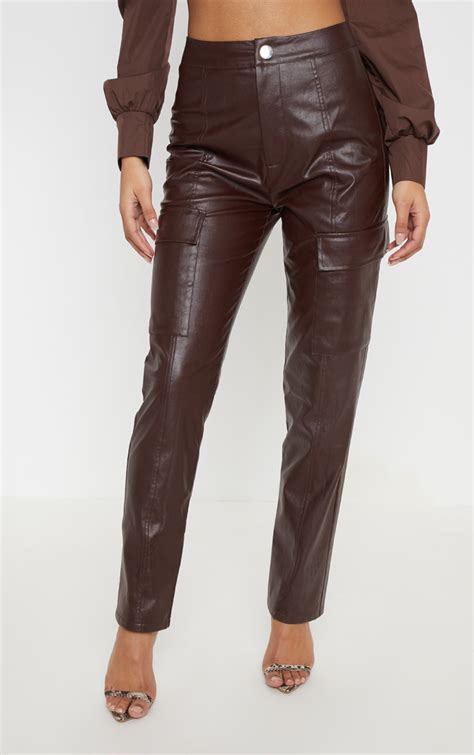 Chocolate Faux Leather Pocket Trouser Prettylittlething