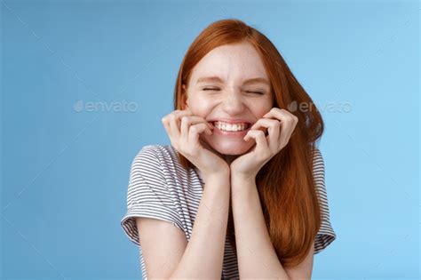 Cheerful Carefree Giggling Ginger Girl Look Happy Bright Close Eyes Smiling Delighted Hold Hands