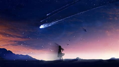 1366x768 Anime Girl Falling Stars Scenic Birds Sky Landscape For