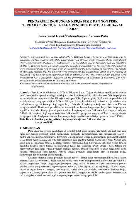 PDF Pengaruh Lingkungan Kerja Fisik Dan Non Fisik Terhadap Kinerja