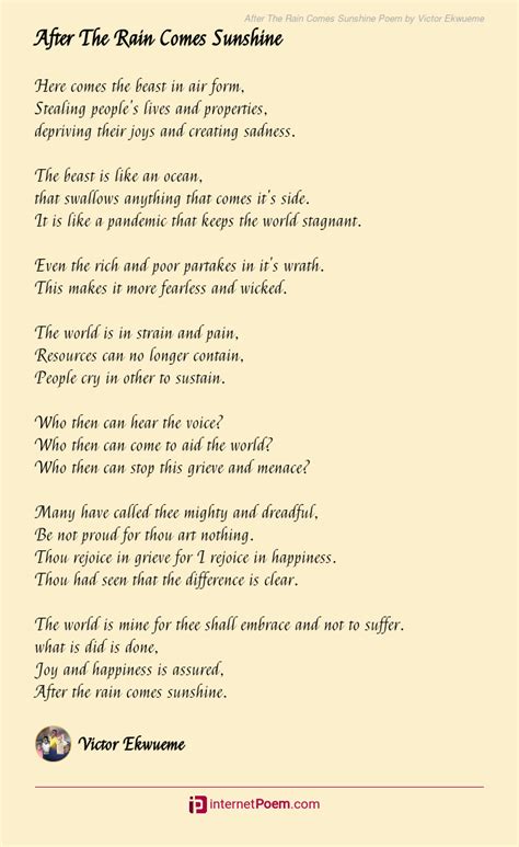 After The Rain Comes Sunshine Poem By Victor Ekwueme