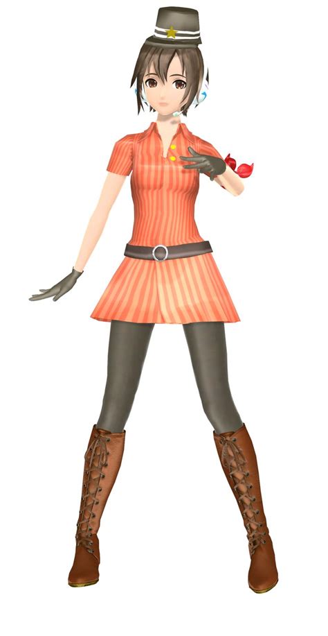 A Woman In An Orange Dress And Brown Boots Holding A Red Bird On Her Arm