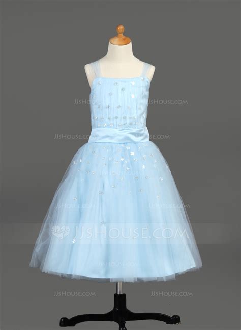 a line princess tea length flower girl dress satin tulle sleeveless with ruffles sequins