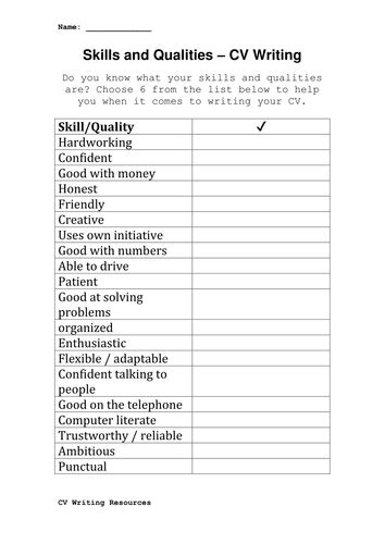 Cv Writing Skills Worksheet Teaching Resources