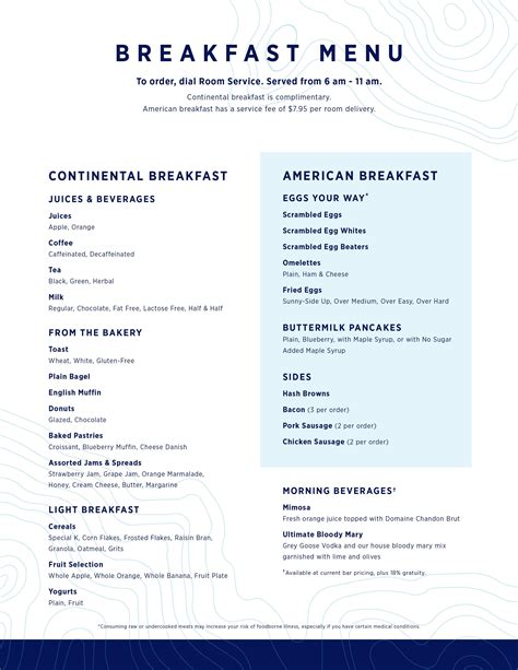 The Breakfast Menu Is Shown In Blue And White