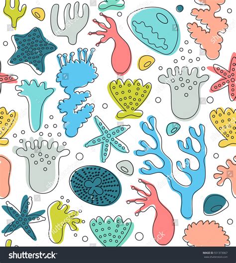 Coral Reefs Drawn Seamless Pattern Decorative Stock Vector Royalty