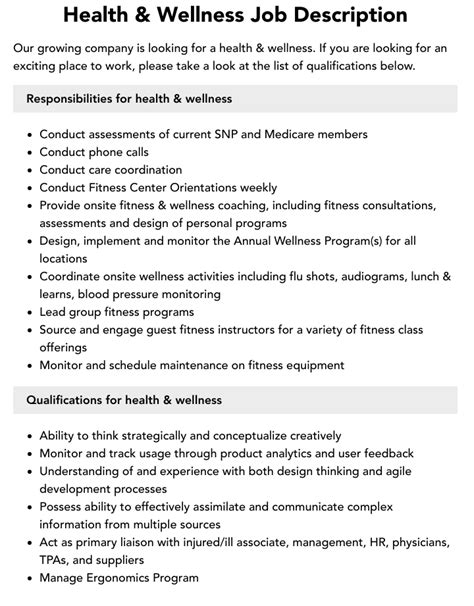 Health And Wellness Job Description Velvet Jobs