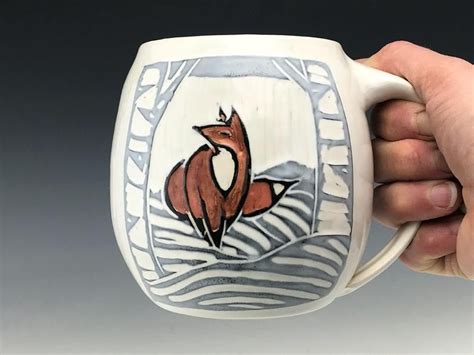 Handmade Sgraffito Fox Pottery Mug In Black And White Etsy Pottery