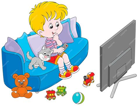 Premium Vector Little Boy Sitting On The Sofa And Watching Tv