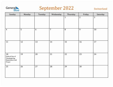 Free September 2022 Switzerland Calendar