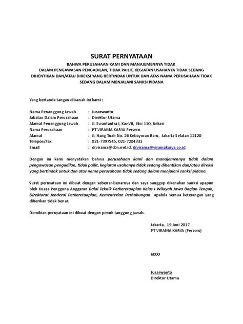 Contoh Surat Pernyataan Perusahaan Tidak Pailit Kumpulan Contoh Surat