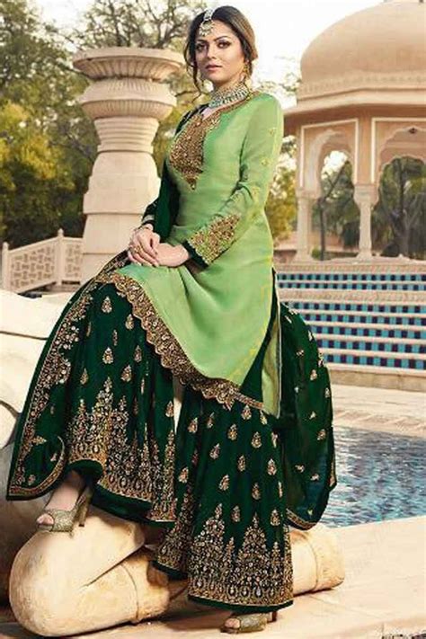 Buy Pale Green Georgette Embroidered Sharara Suit Online Lstv03133 Andaaz Fashion