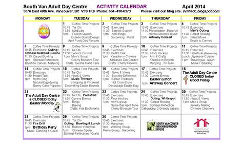 South Vancouver And Beulah Adult Day Programs April Calendars For