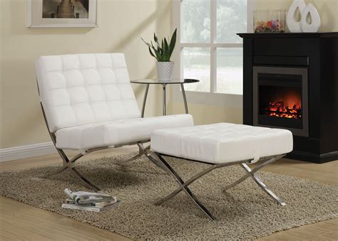 Contemporary Chair And Matching Ottoman With White Leather Like Vinyl
