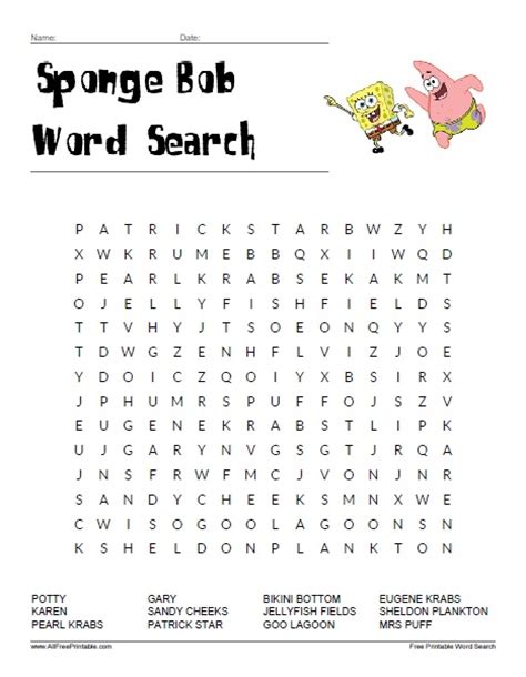 Spongebob Word Search Free Printable