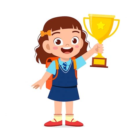 Premium Vector Happy Cute Little Kid Girl Holding Trophy