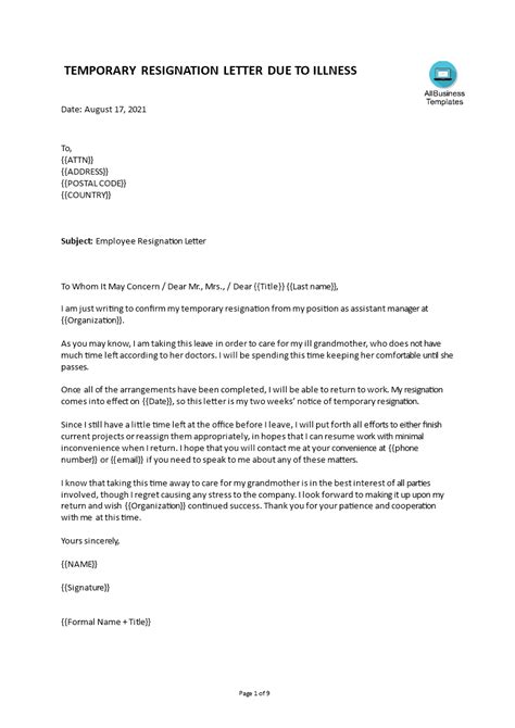 Resignation Letter Due To Health Templates At