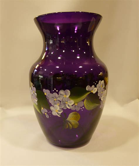 Hand Painted Purple Glass Vase Lavender White Flowers Daisies Etsy Purple Glass Vase