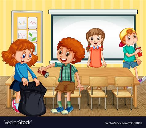 Scene With Students Cleaning Classroom Together Vector Image