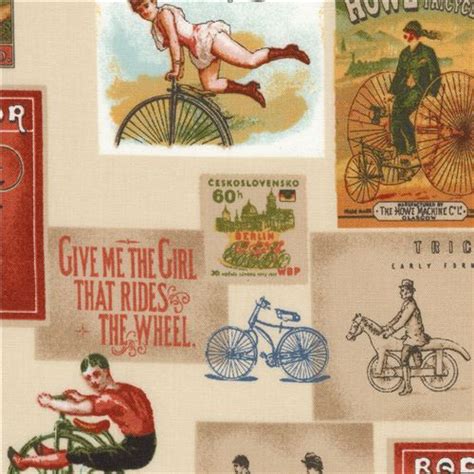 Cream Robert Kaufman Retro Bicycle Fabric Heirloom Diary Modes4u