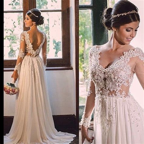 Discount White Lace Chiffon Beach Wedding Dresses Long Sleeve Beaded Appliques Sheer Illusion