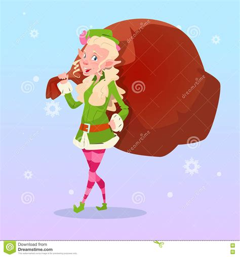 christmas elf girl cartoon character santa helper hold big present sack stock vector